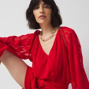 NWOT White House Black Market Red Blouse with Sheer Long Sleeves - Size Medium